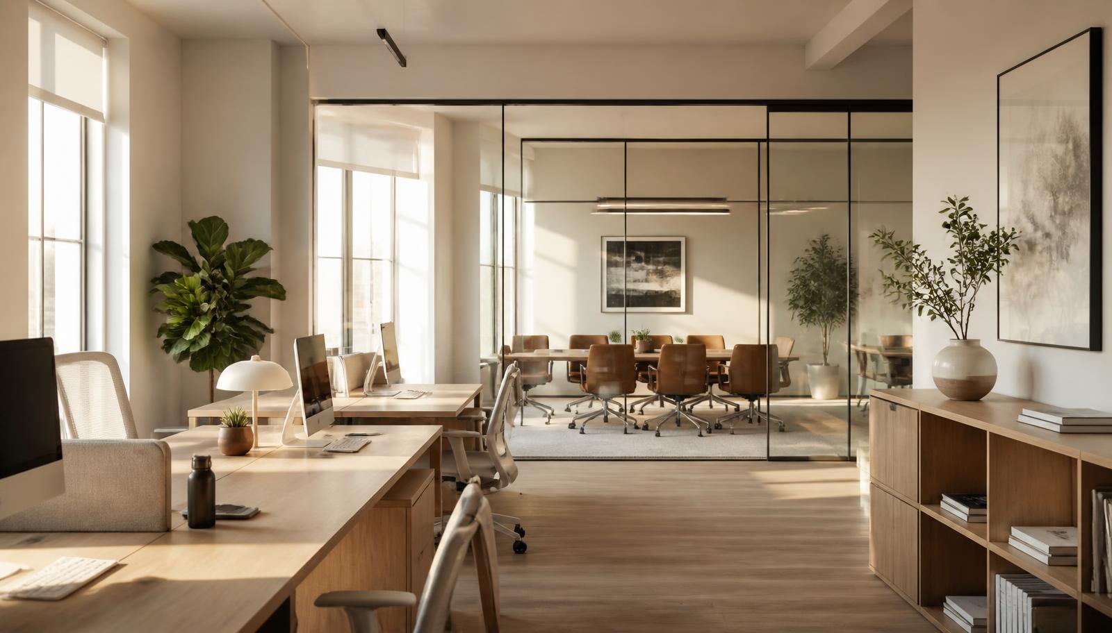 A calm modern open-plan office in early morning light