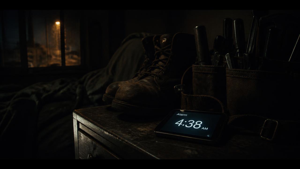 A phone alarm reading 4:38 AM beside work boots and a tool belt before a shift