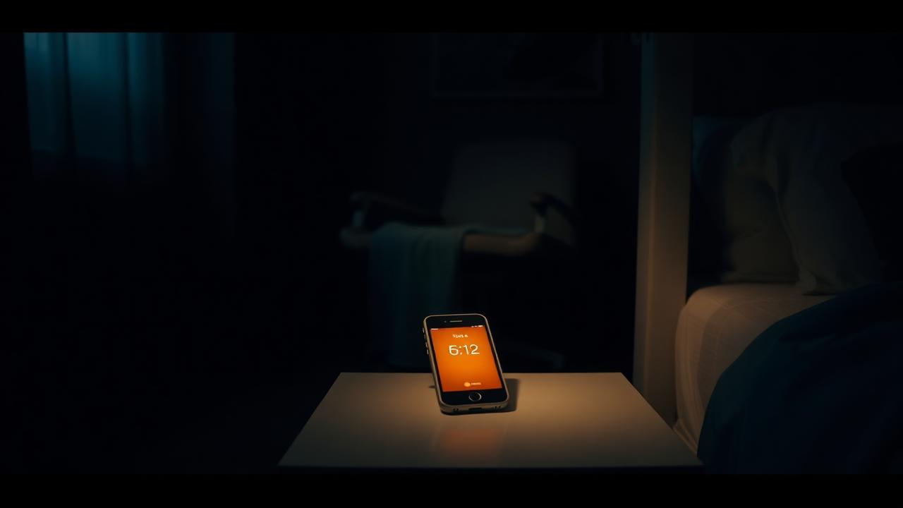 A phone alarm glowing 5:12 AM on a nightstand in a dim bedroom before a nursing shift