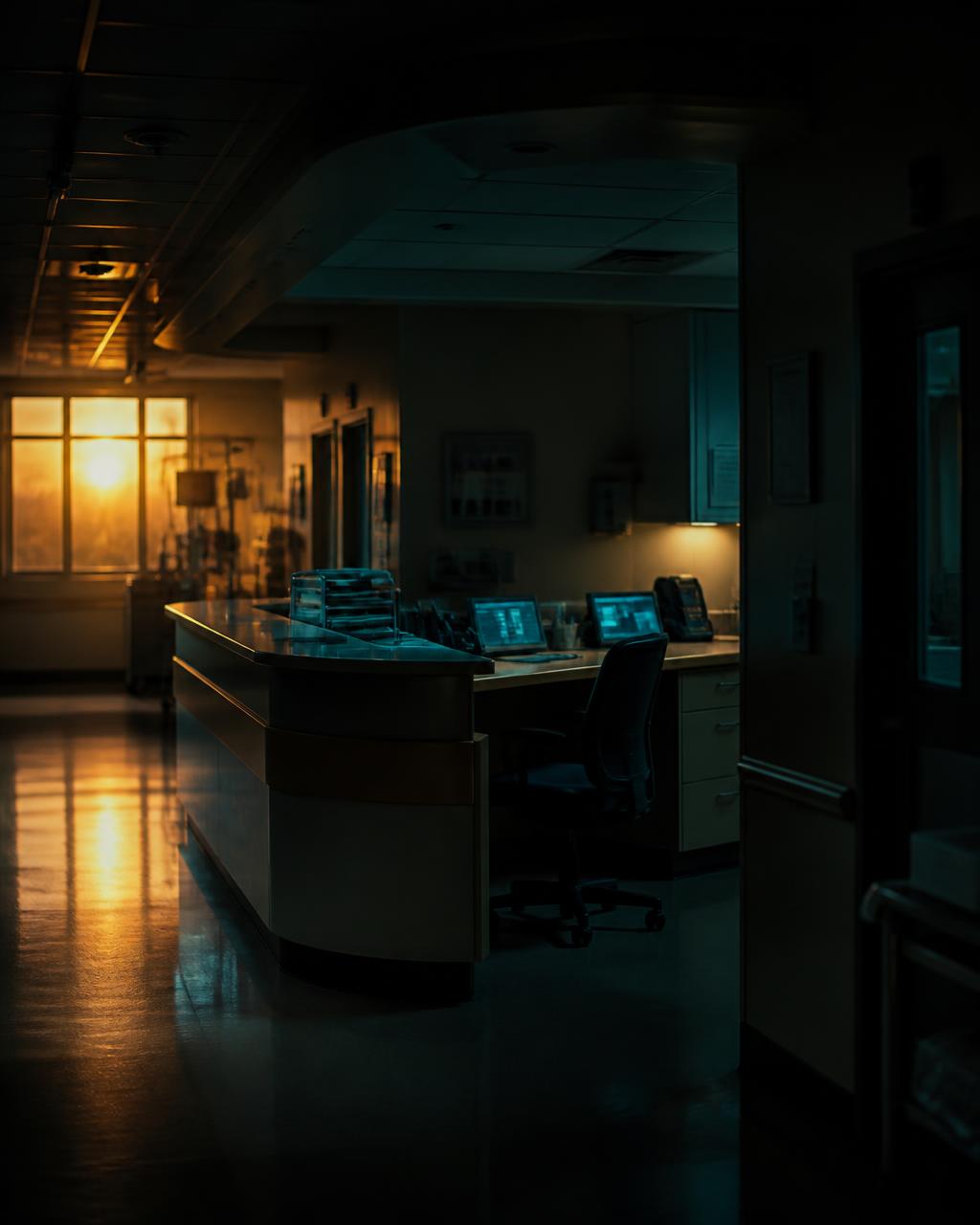 A nurse walking a quiet hospital corridor before shift change